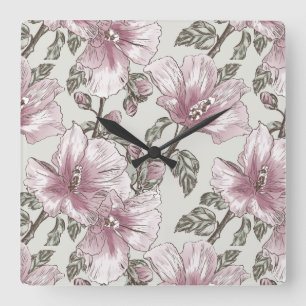 Muted Pink Hibiscus Flowers Pattern Quadratische Wanduhr