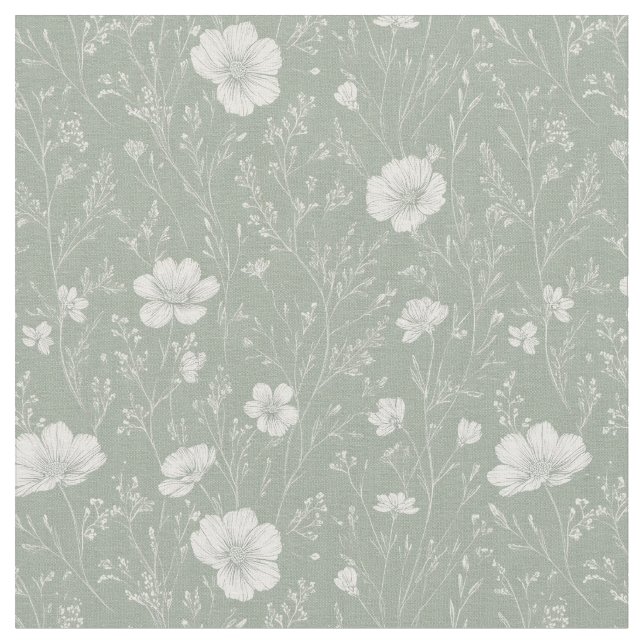 Muted Sage Green And White Wildflower Pattern Stoff (Nahaufnahme)