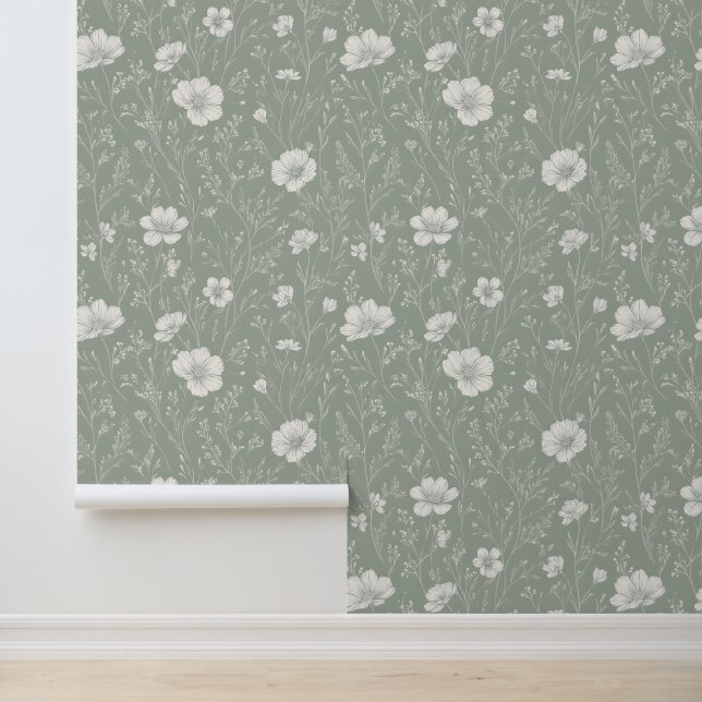 Muted Sage Green And White Wildflower Pattern Tapete (Anwendung)