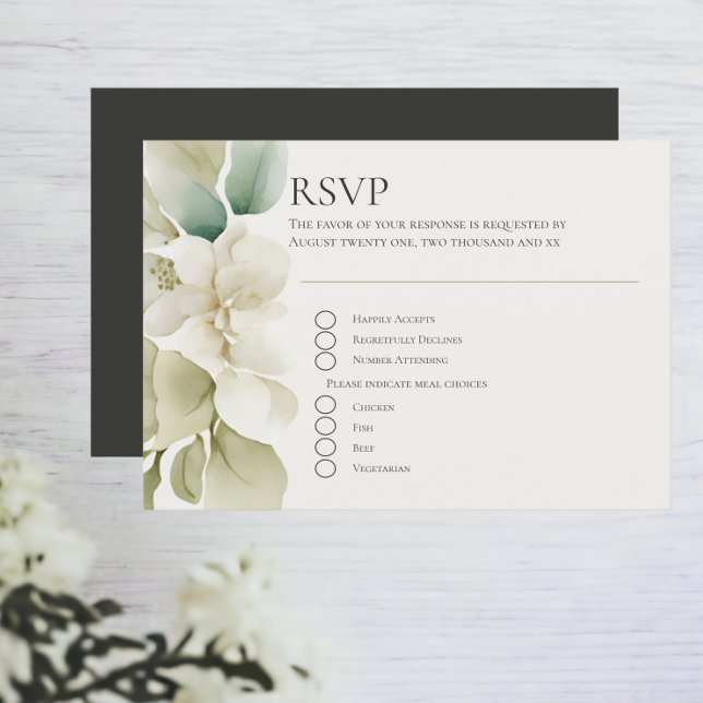 Mutete Grünfolienhochzeit RSVP Karte (Muted Green Foliage Wedding RSVP Card with personalized responses. easy to edit. RSVPs from Ricaso)