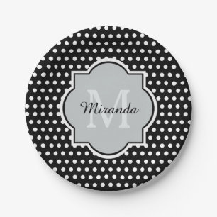 Mutige Schwarzweiss-Tupfen Monogramm und Name Pappteller