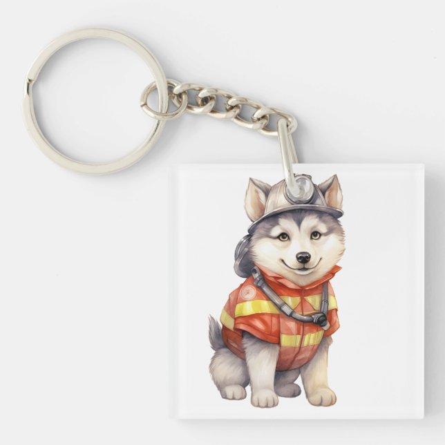 Mutiger Feuerwehrmann Sibirier Husky Hund Ehre Schlüsselanhänger (Vorderseite)