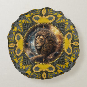 Mutiger Löwe Zodiac Gold Gelb Fraktal Mandala Rundes Kissen