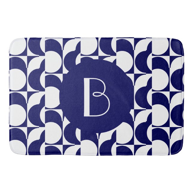 Mutiges Geometrics w Monogramm, Marine u. Weiß Badematte (Vorderseite)