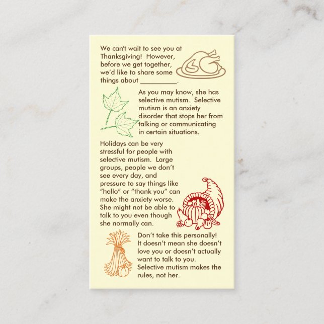Mutisme sélectif Thanksgiving Girl Carte de visite (Devant)