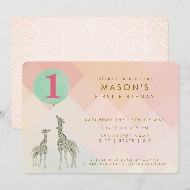 MUTTER & BABY GIRAFFE & BALLOON | GEBURTSTAG EINLADUNG (Vorne/Hinten)