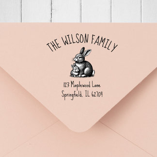Mutter & Baby-Kaninchen-Familien-Rücksende-Adresse Gummistempel