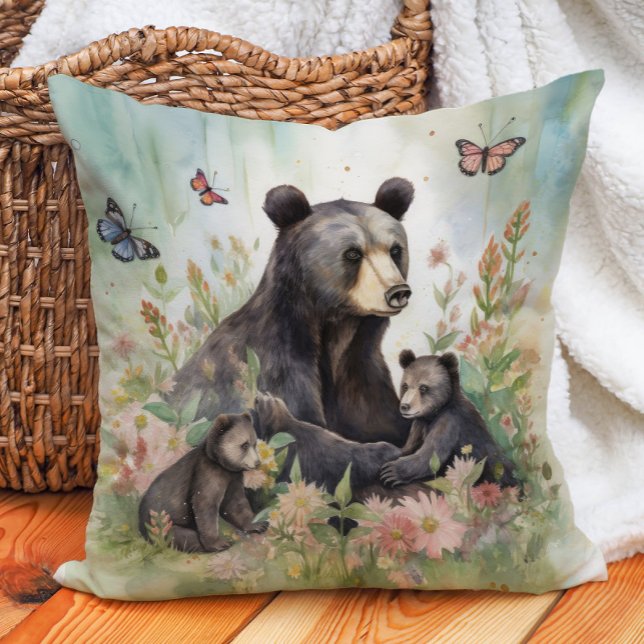 Mutter Bärenjungen Butterflies Blume Malen Kissen (Bear family pillow)