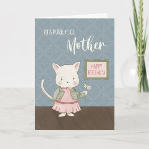Mutter Birthday Kitty in einer Dress Holding-Blume Karte