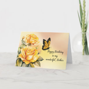 Mutter Birthday Yellow Roses Monarch Butterfly Karte