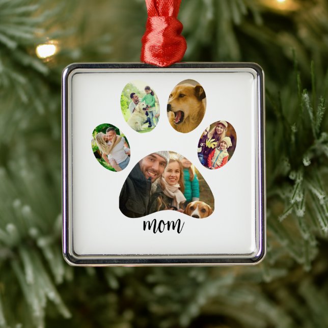 Mütter Day Hund Mama | 5 Paw Print Foto Collage Ornament Aus Metall (Baum)
