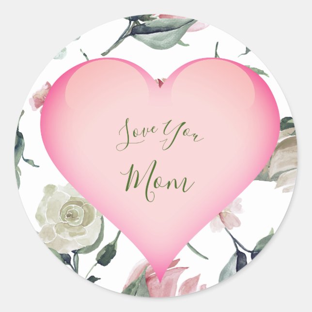 Mütter Day Simple Floral Pink Heart Personal Runder Aufkleber (Vorderseite)