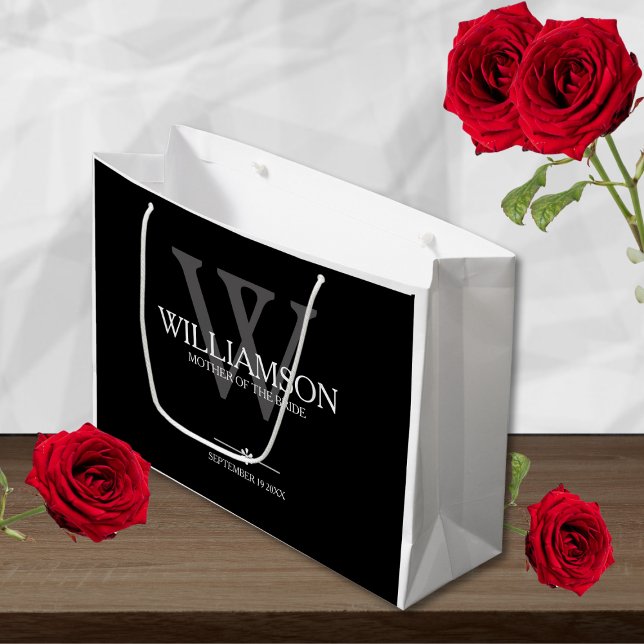 Mutter der Braut-Hochzeitsgeschenk-Monogramm-Elega Große Geschenktüte (Mother Of The Bride - Large Elegant Black, White and Gray Gift Bag.)