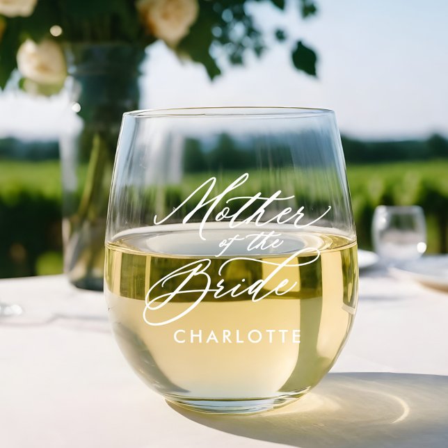 Mutter der Brautenschrift Braut Braut Braut Braut Weinglas Ohne Stiel (Mother of the Bride Script Name Wedding Party Stemless Wine Glass)