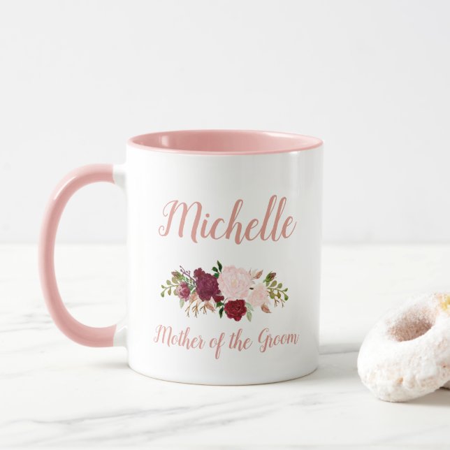 Mutter der Groom Pink Marsala Bloral Hochzeit Tasse (Mit Donut)