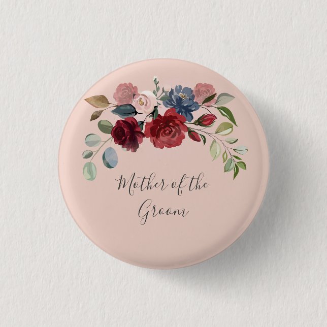 Mutter der Groom Rustic Burgundy Blumen Custom Button (Vorderseite)