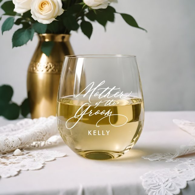 Mutter der Groom Script Name Wedding Party Weinglas Ohne Stiel (Mother of the Groom Script Name Wedding Party Stemless Wine Glass)