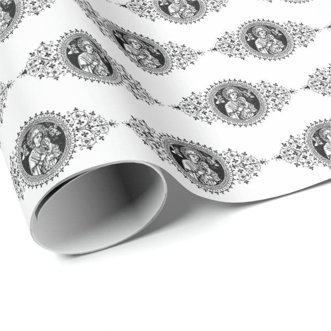 Mutter der ständigen Hilfe Schwarz-Weiß elegant Geschenkpapier (Rolleneckpunkt)