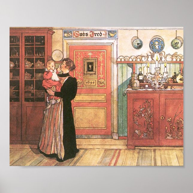 Mutter, die ein Baby in der Küche hält Poster (Vorne)