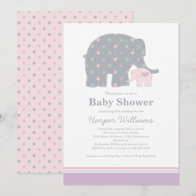 Mutter Elefantenrosa und Lila Dots Baby Dusche Einladung (Vorne/Hinten)