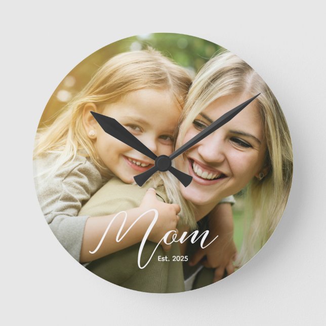Mutter etablierte modernes Skript Foto Runde Wanduhr (Vorderseite)