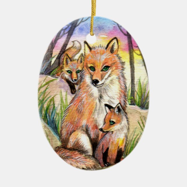 Mutter Fox und Baby-Füchse am Sonnenuntergang-Holz Keramikornament (Vorne)