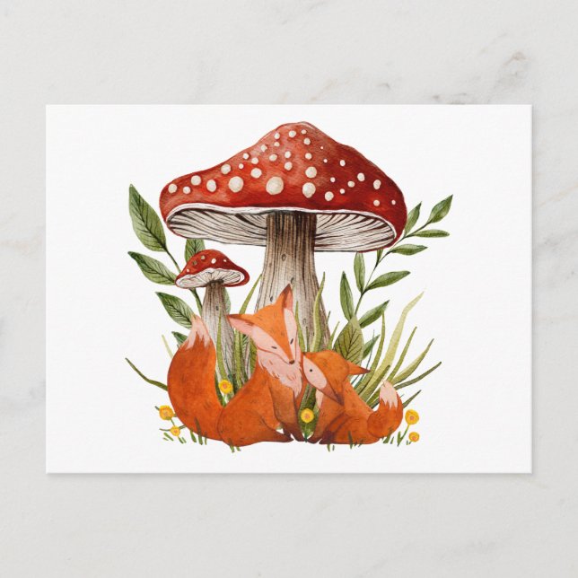 Mutter Fox und ihr Baby unter großen Pilzen Postkarte (Vorderseite)