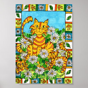 Mutter Katze & Kätzchen in Daisy Patch Mini Folk A Poster