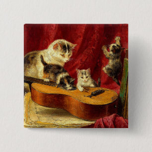 Mutter Katze und Kätzchen spielen mit Gitarre Button