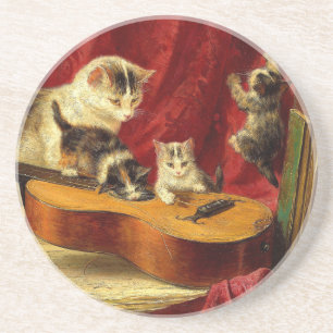 Mutter Katze und Kätzchen spielen mit Gitarre Getränkeuntersetzer