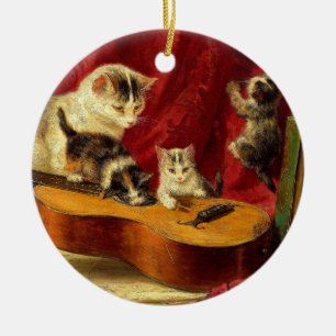 Mutter Katze und Kätzchen spielen mit Gitarre Keramik Ornament