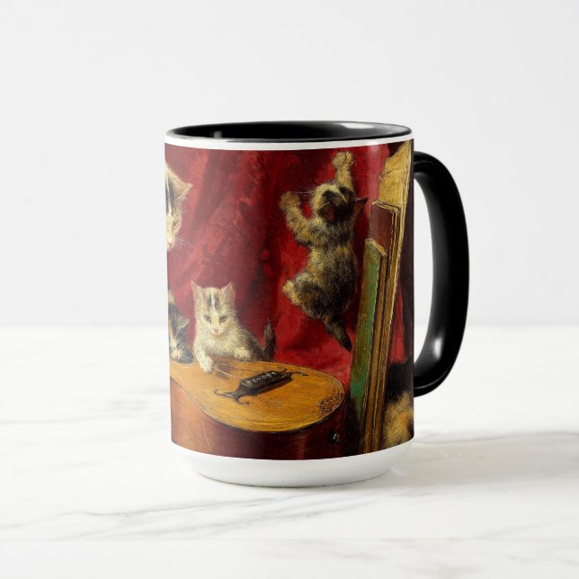 Mutter Katze und Kätzchen spielen mit Gitarre Tasse (VorderseiteRechts)