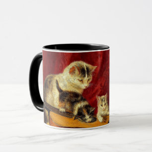Mutter Katze und Kätzchen spielen mit Gitarre Tasse