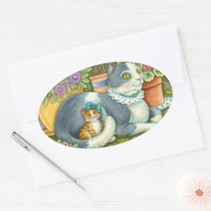MUTTER KATZE UND KÜCHE, BLUME, BOWS & PLATZ OVALER AUFKLEBER