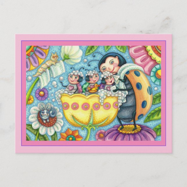 MUTTER LADYBUG & KINDER, TULIP-BABELBAD POSTKARTE (Vorderseite)