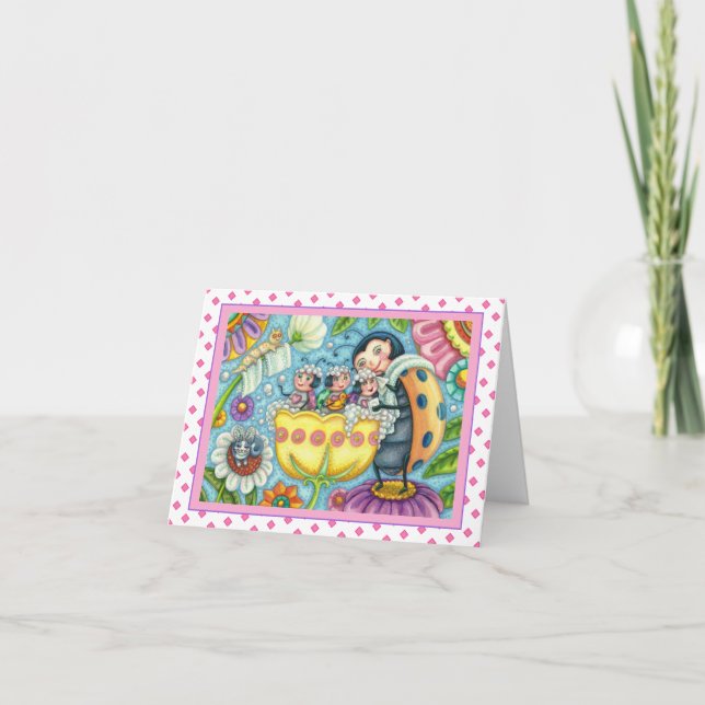 MUTTER LADYBUG & KINDER, TULIP BUBBLE BAD Leere Karte (Vorderseite)