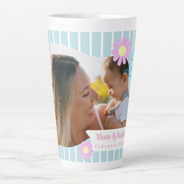 Mutter Liebe Streifen Daisy Blumenblauer Foto Blau Milchtasse (Vorderseite)