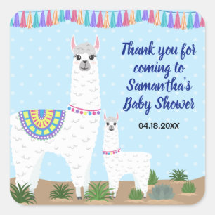 Mutter Llama und Baby-Blau-Tupfen-Babyparty Quadratischer Aufkleber