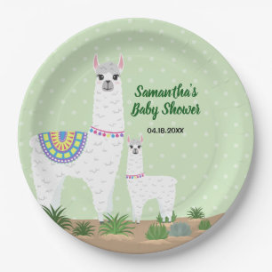 Mutter Llama und Baby-grüne Tupfen-Babyparty Pappteller