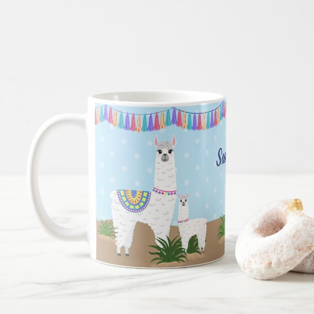 Mutter Llama und Baby-Lama-Blau-Tupfen Kaffeetasse (Mit Donut)