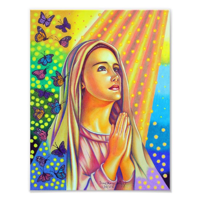 Mutter Mary betet mit Licht von oben Fotodruck (Vorne)