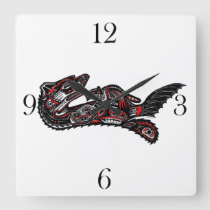 Mutter Otter im haida-Stil und Baby Otter Upper Ar Quadratische Wanduhr