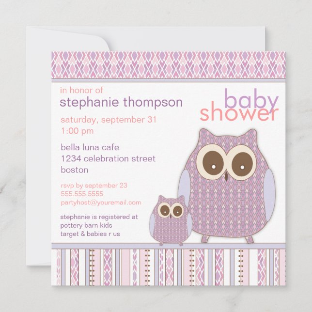 Mutter Owl u. Baby-Eulen-lila Baby-Dusche Einladung (Vorderseite)