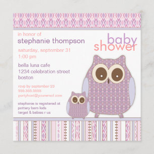 Mutter Owl u. Baby-Eulen-lila Baby-Dusche Einladung