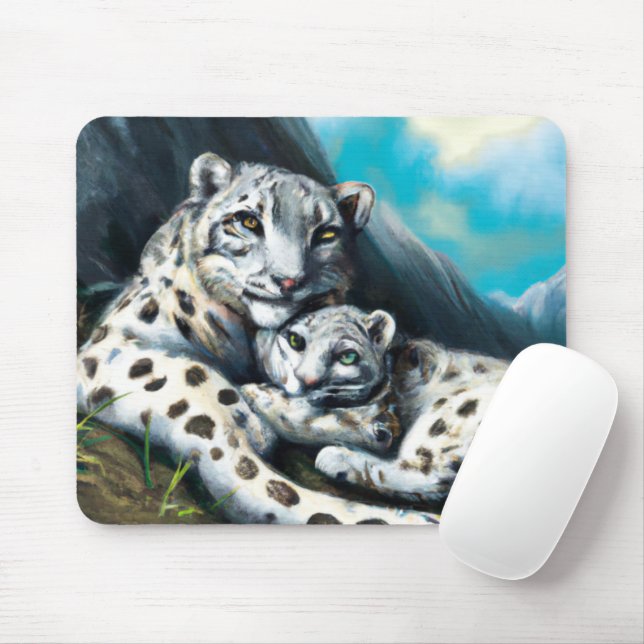 Mutter Schneeleopard und Cub in den Bergen Mousepad (Mit Mouse)