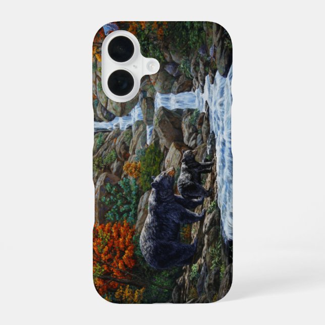 Mutter Schwarzbär & Cube durch Wasserfall iPhone 16 Hülle (Rückseite)