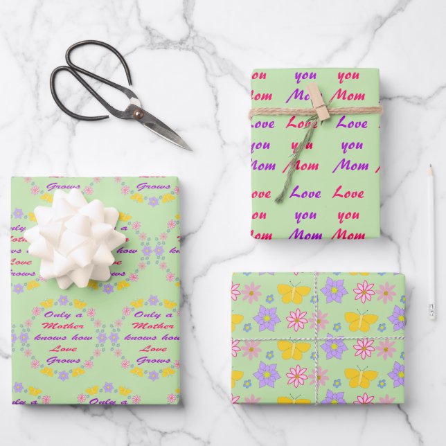 Mütter Tag Blume und Schmetterlinge Custom Geschenkpapier Set (Vorderseite)