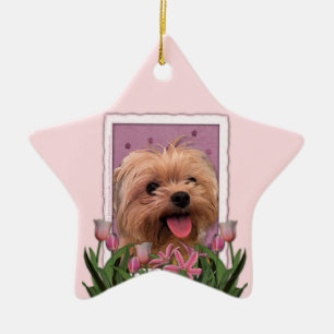 Mutter-Tag - rosa Tulpen - Morkie - Lacey Keramikornament