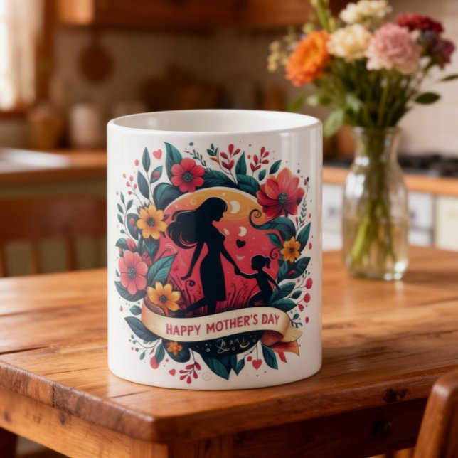 Mutter & Tochter Silhouette Floral Muttertag Kaffeetasse (Von Creator hochgeladen)