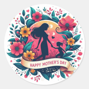Mutter & Tochter Silhouette Floral Muttertag Runder Aufkleber